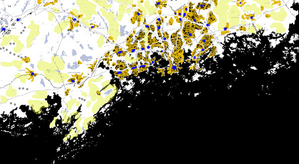 Seudun kasvun periaate: sormet joiden väliin jää luontoa. Helsinki 2050 vision